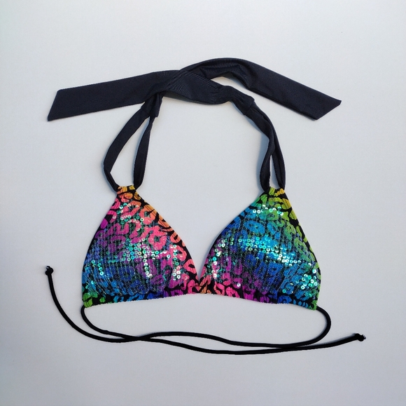 Deb Y2K Leopard Sequin Neon Multicolor Bikini Swim Top Medium - Picture 2 of 12